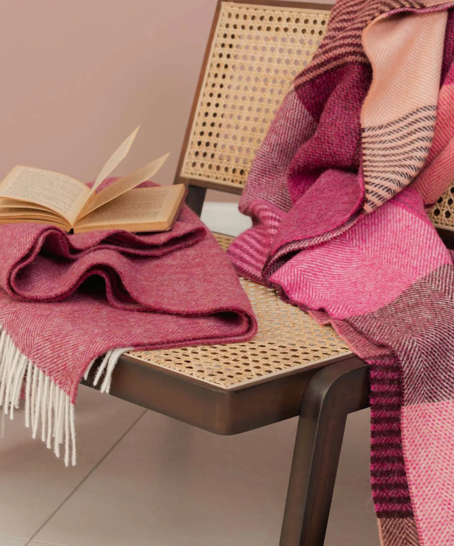 Bronte By Moon Herringbone Pure New Wool Throw, Raspberry Ripple - Image 5