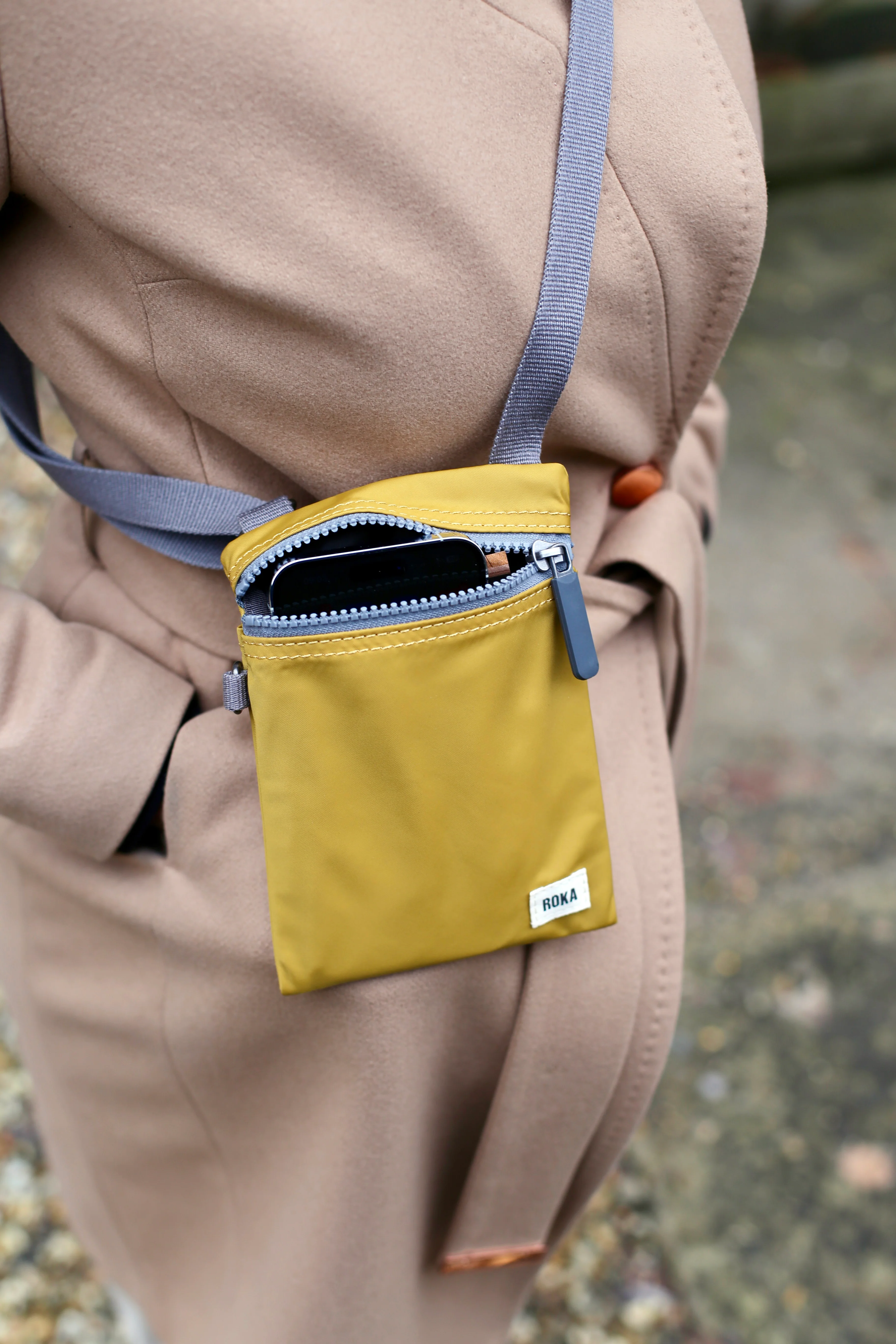 Roka London Chelsea Crossbody Phone Bag, Mustard (Recycled Nylon) - Image 10