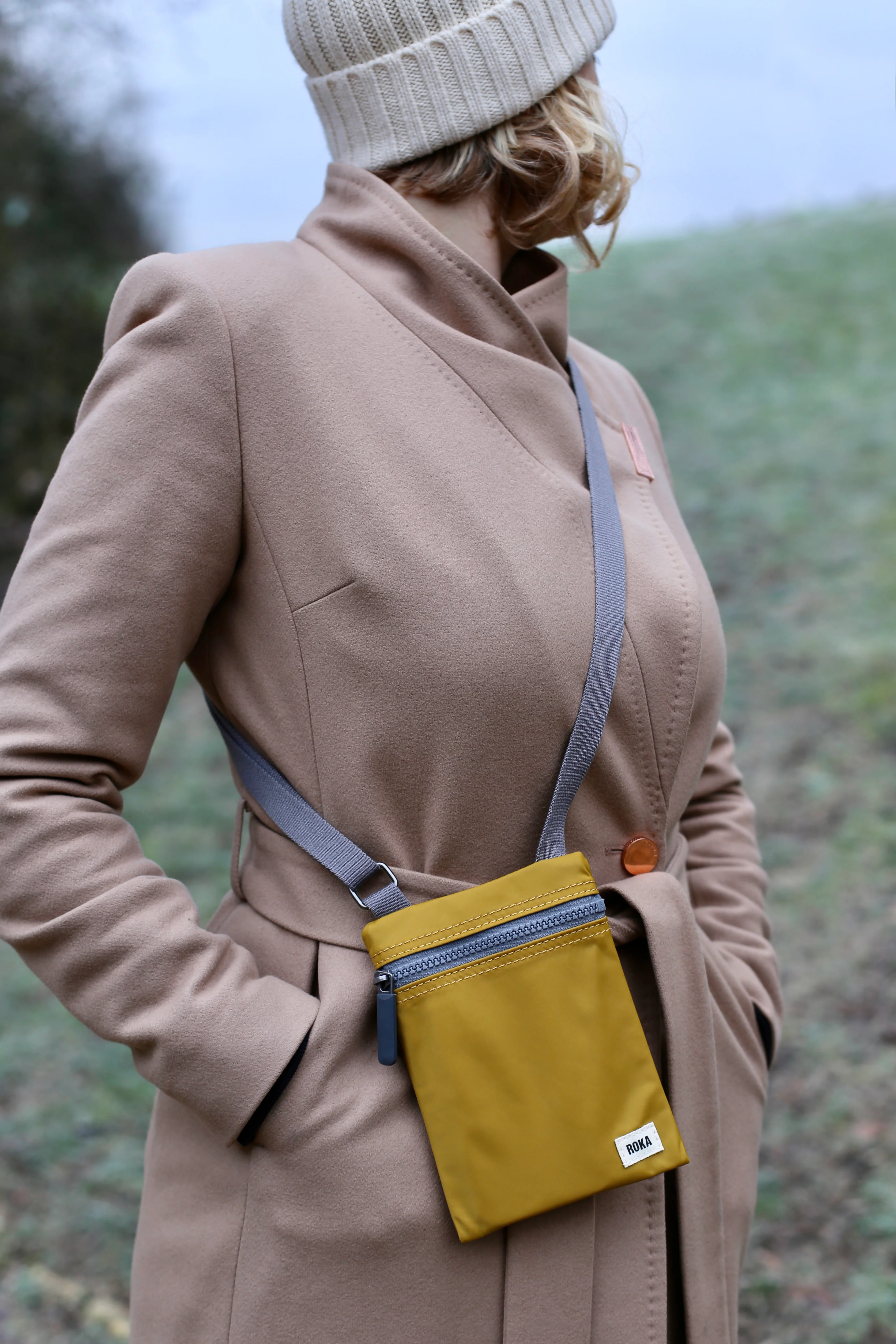 Roka London Chelsea Crossbody Phone Bag, Mustard (Recycled Nylon) - Image 12