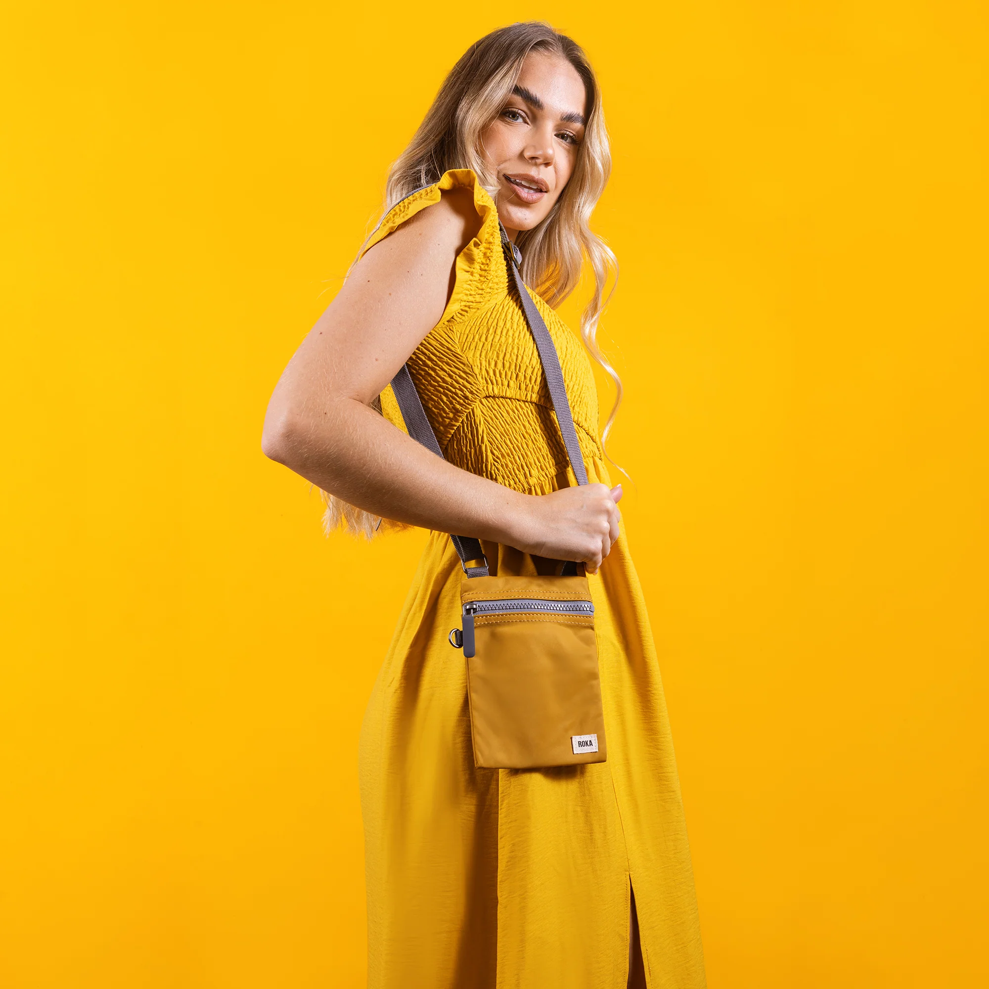 Roka London Chelsea Crossbody Phone Bag, Mustard (Recycled Nylon) - Image 13