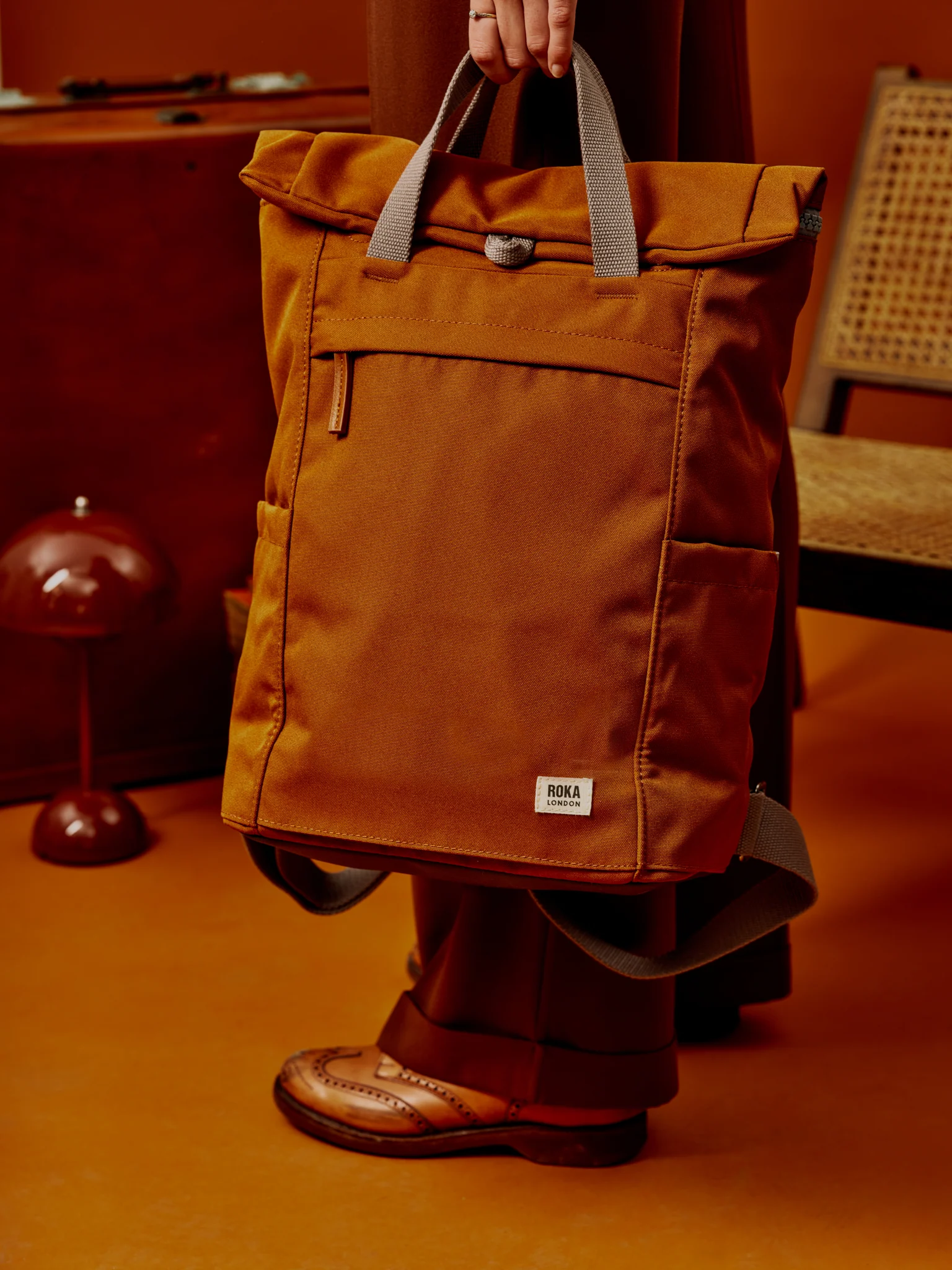 Roka London Finchley Sustainable Canvas Rucksack, Bran - Image 10