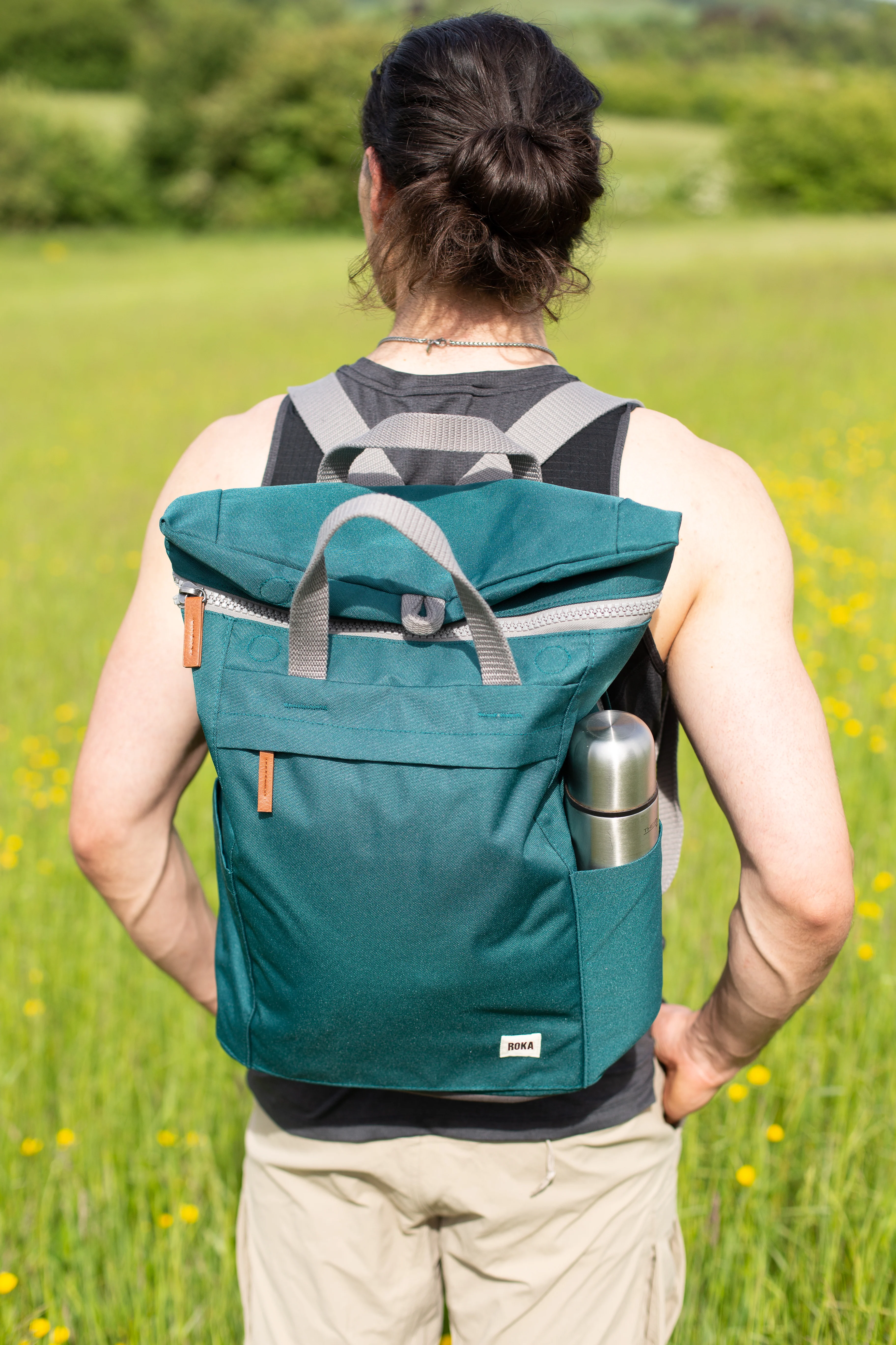 Roka London Finchley Sustainable Canvas Rucksack, Sage Green - Image 10