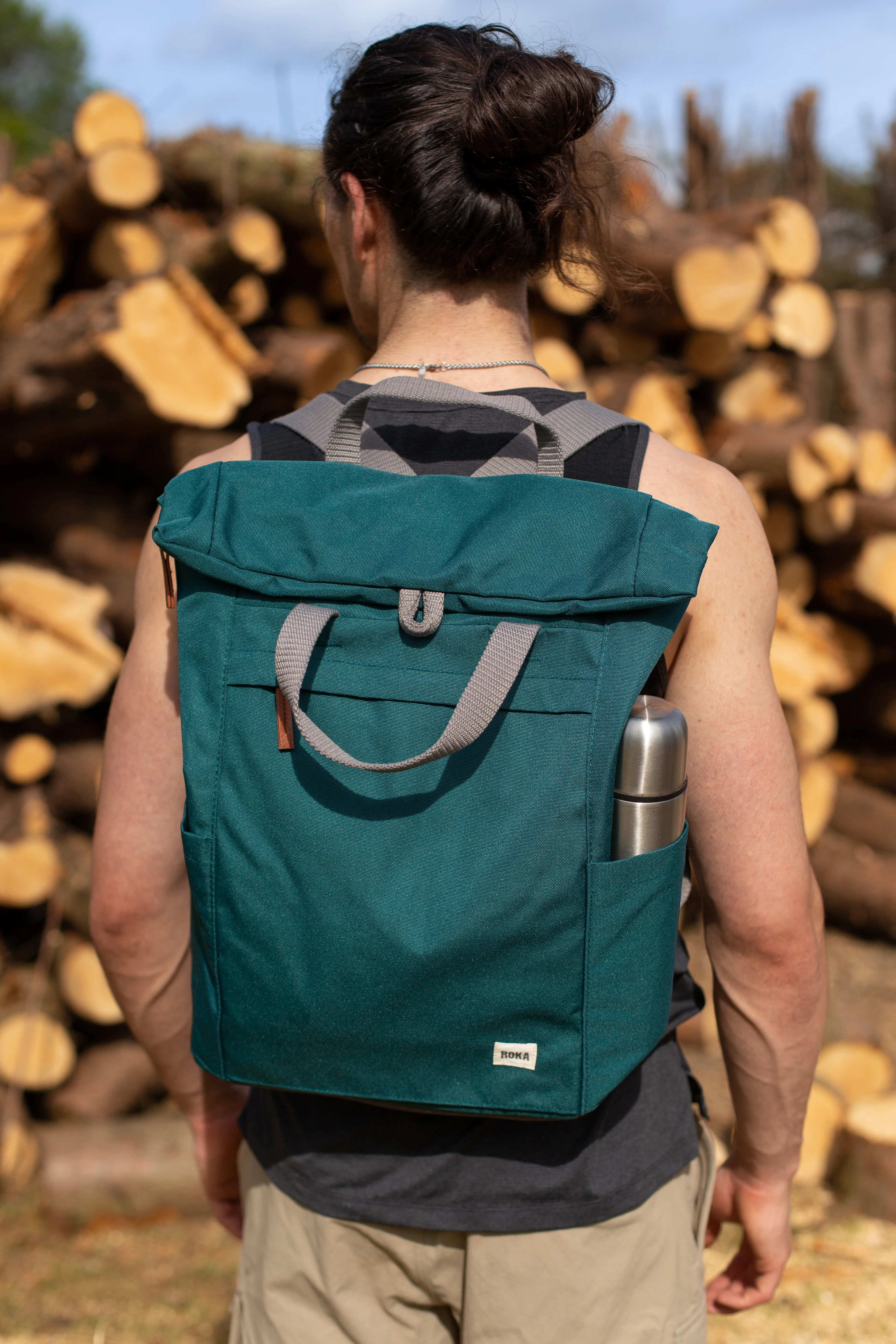 Roka London Finchley Sustainable Canvas Rucksack, Sage Green - Image 7