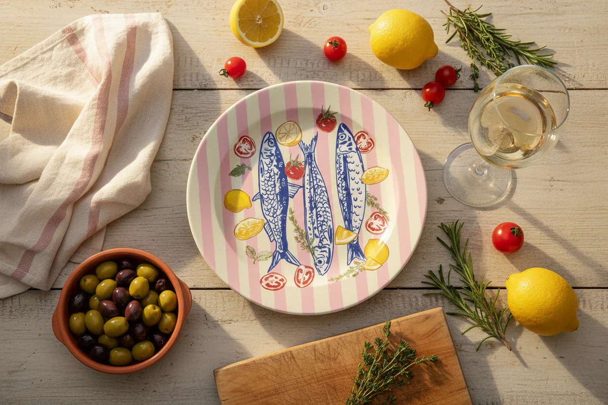 Sardines Pink Striped Ceramic Dinner Plate By Ezbie - Image 3