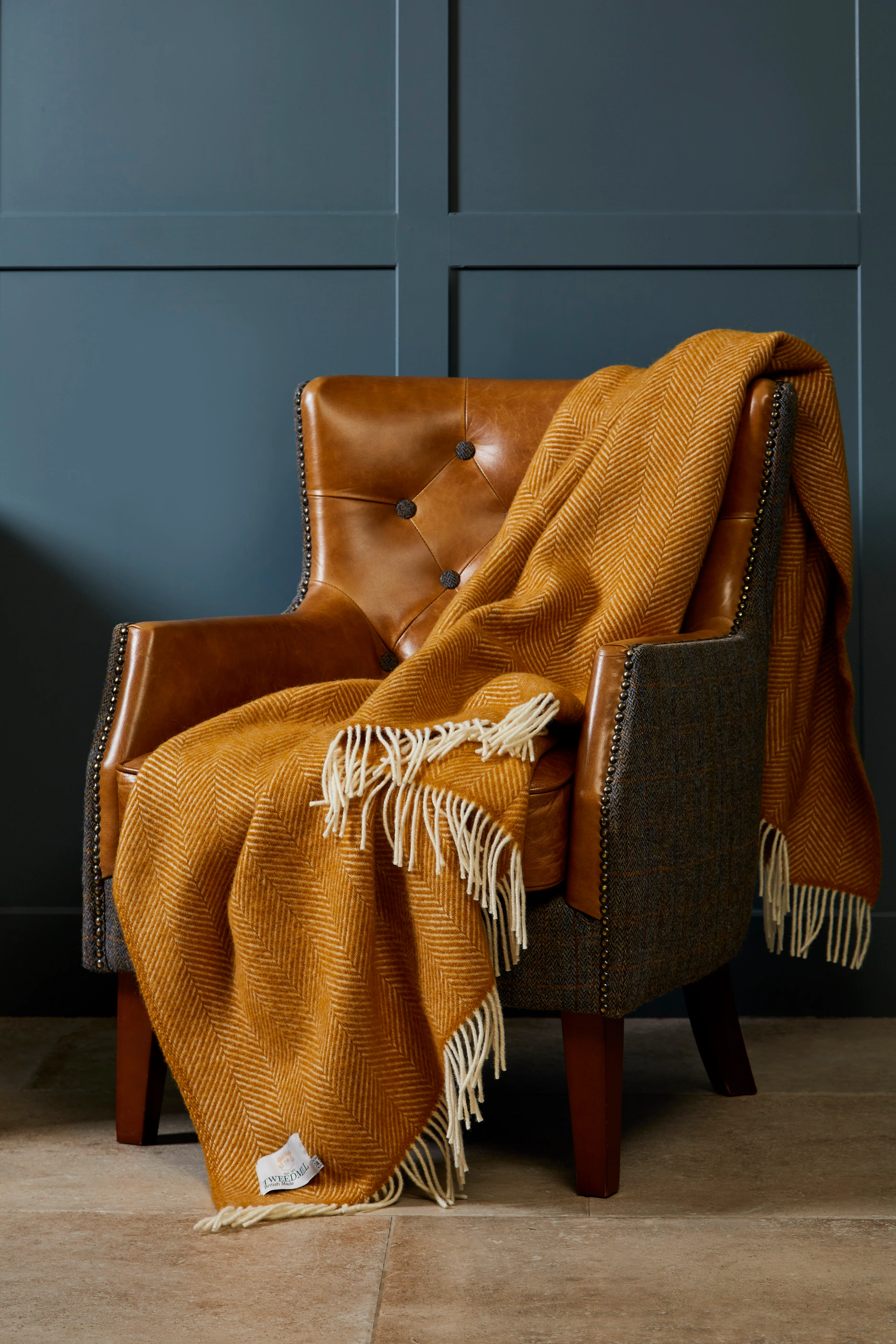 Tweedmill Fishbone Pure New Wool Throw, English Mustard - Image 3