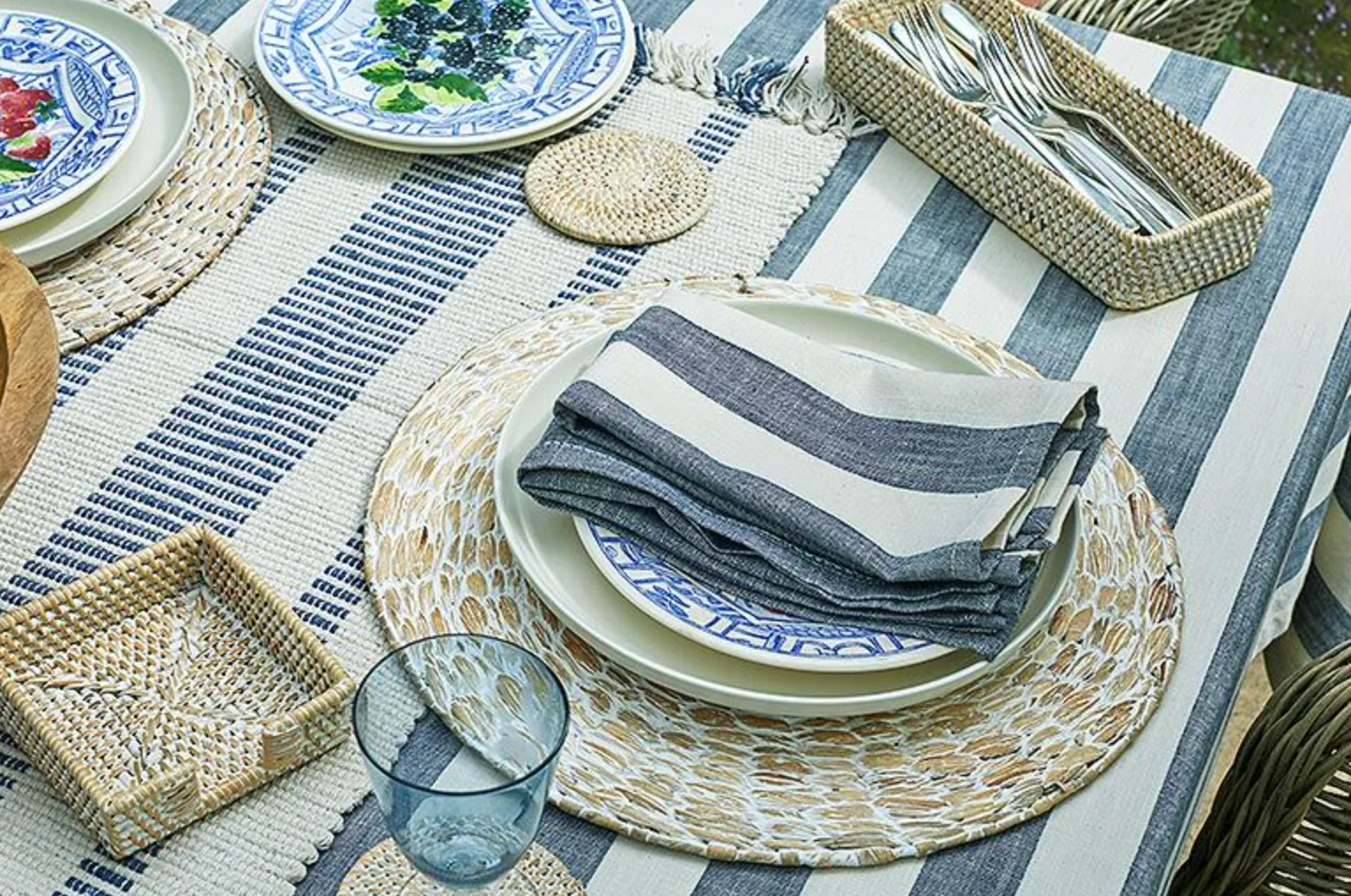 Walton & Co Wide Stripe Cotton Tablecloth, Flint Blue - Image 3
