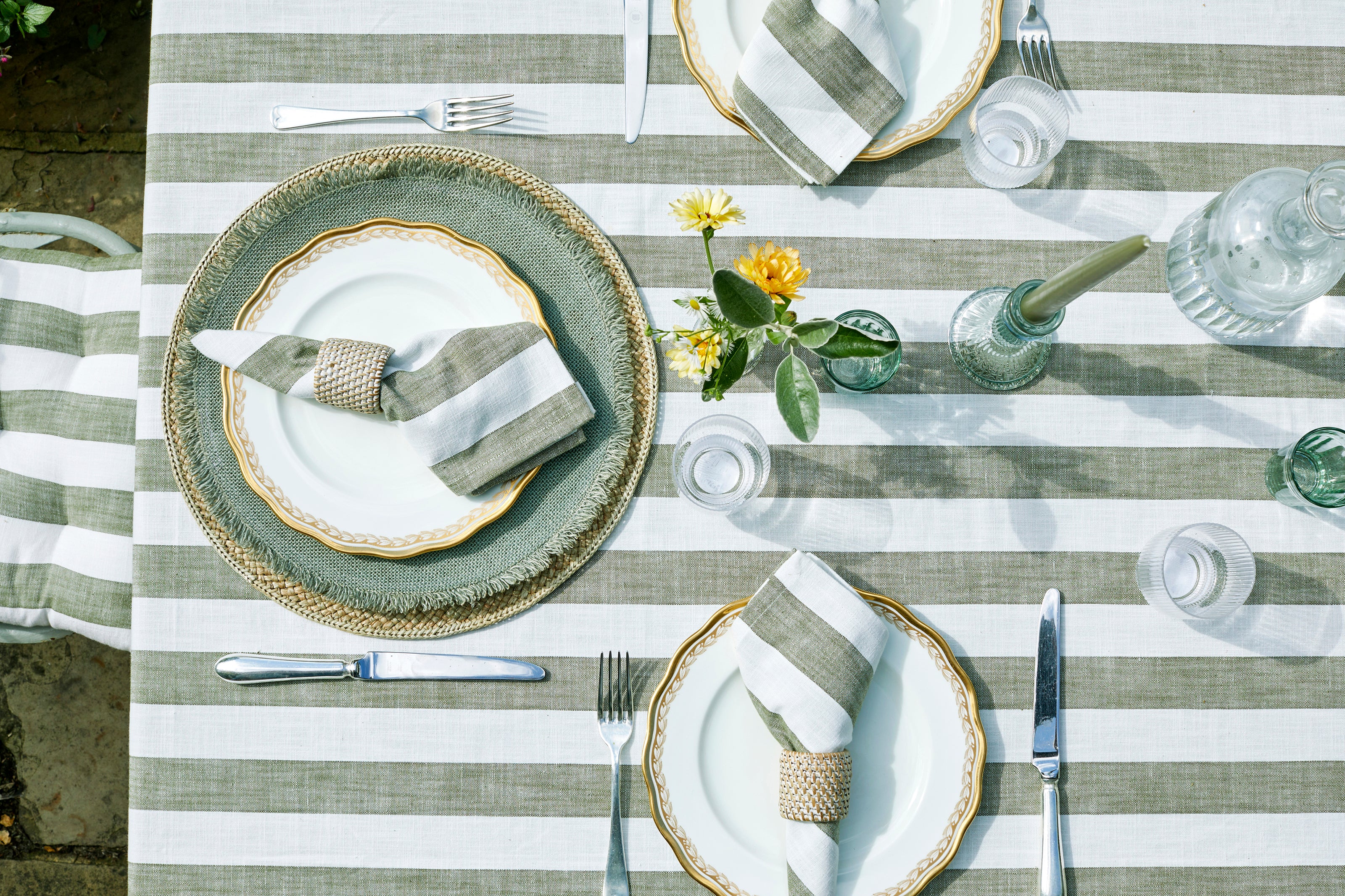 Walton & Co Wide Stripe Cotton Tablecloth, Olive Green - Image 2