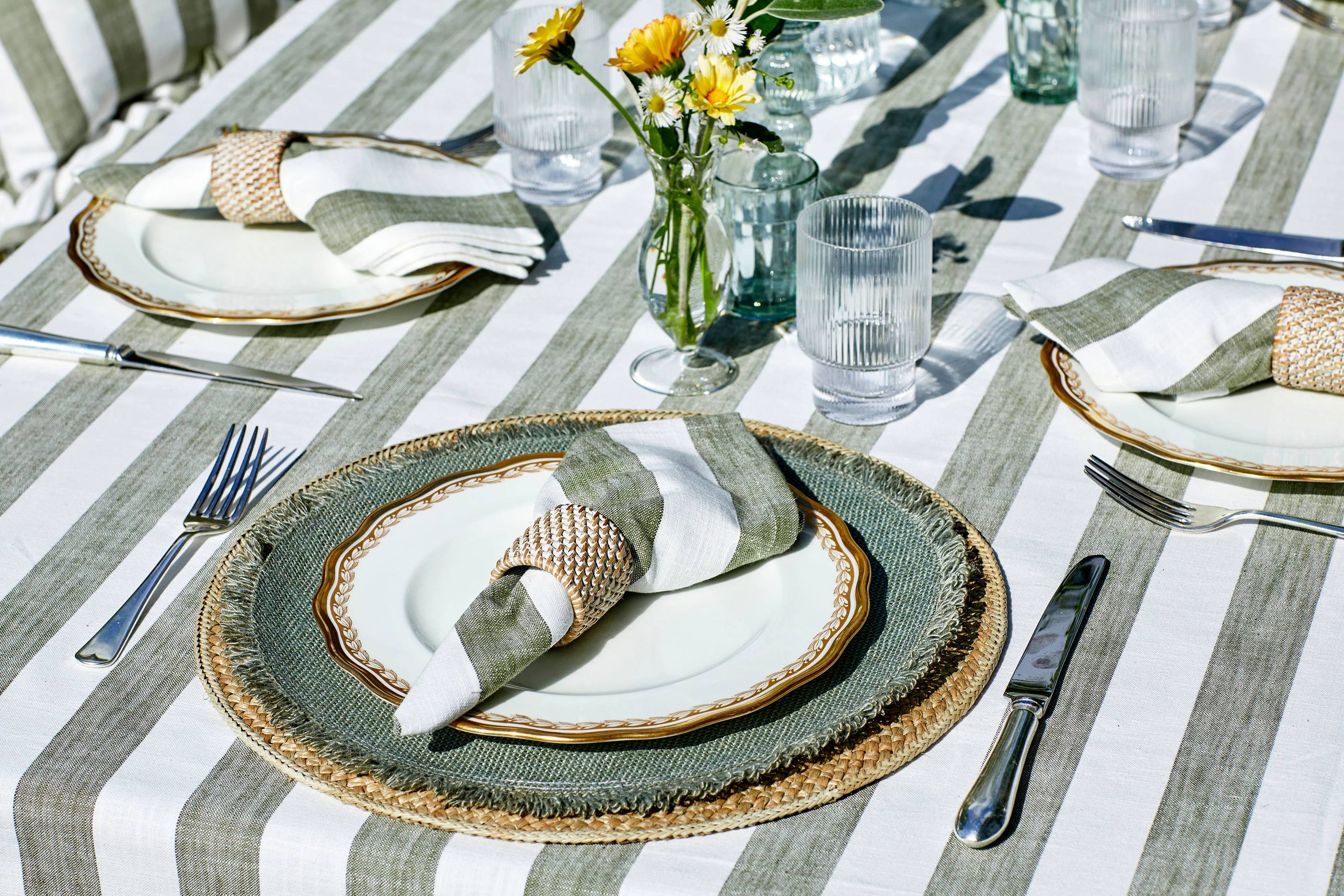 Walton & Co Wide Stripe Cotton Tablecloth, Olive Green - Image 3