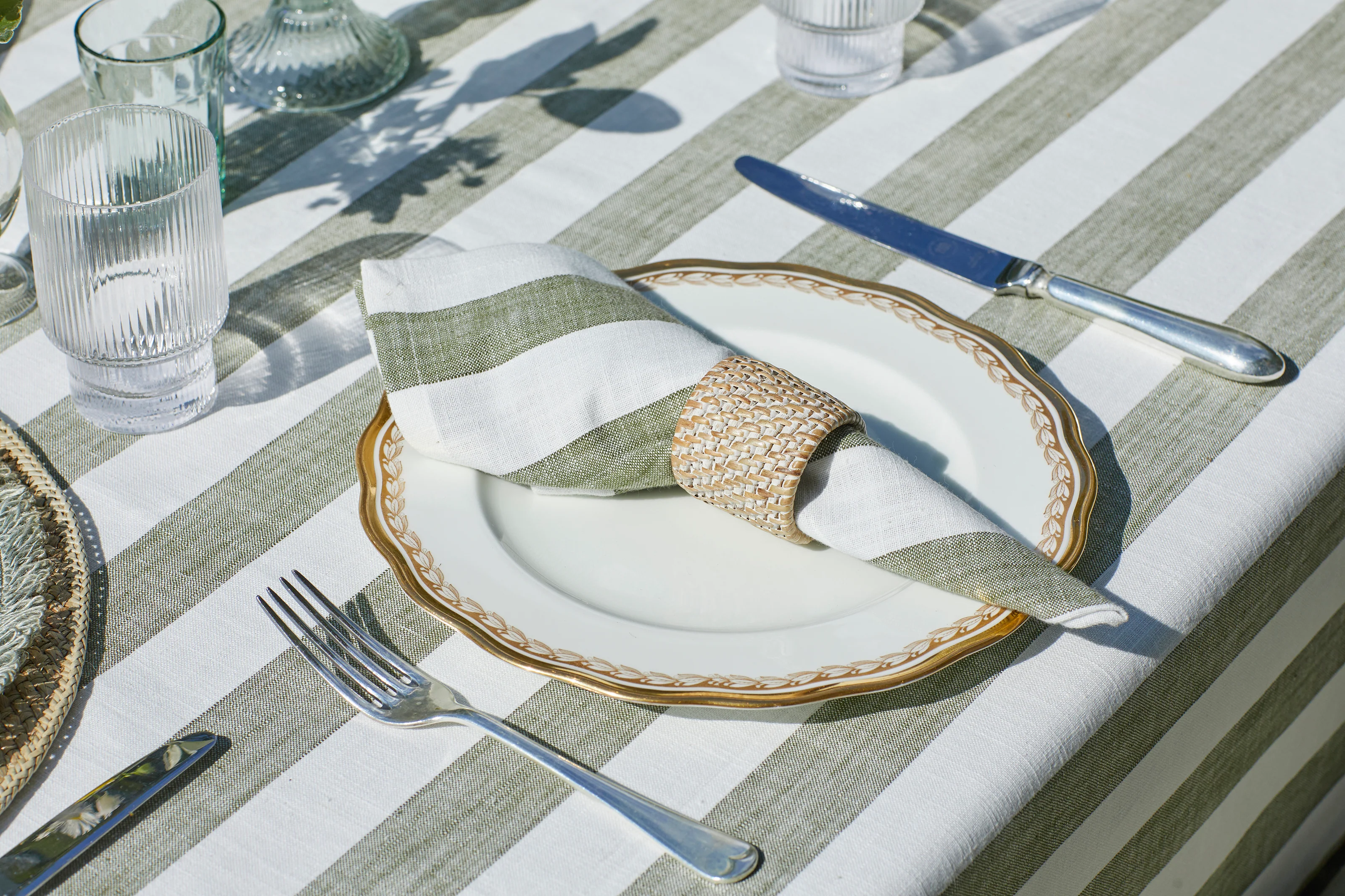 Walton & Co Wide Stripe Cotton Tablecloth, Olive Green - Image 4