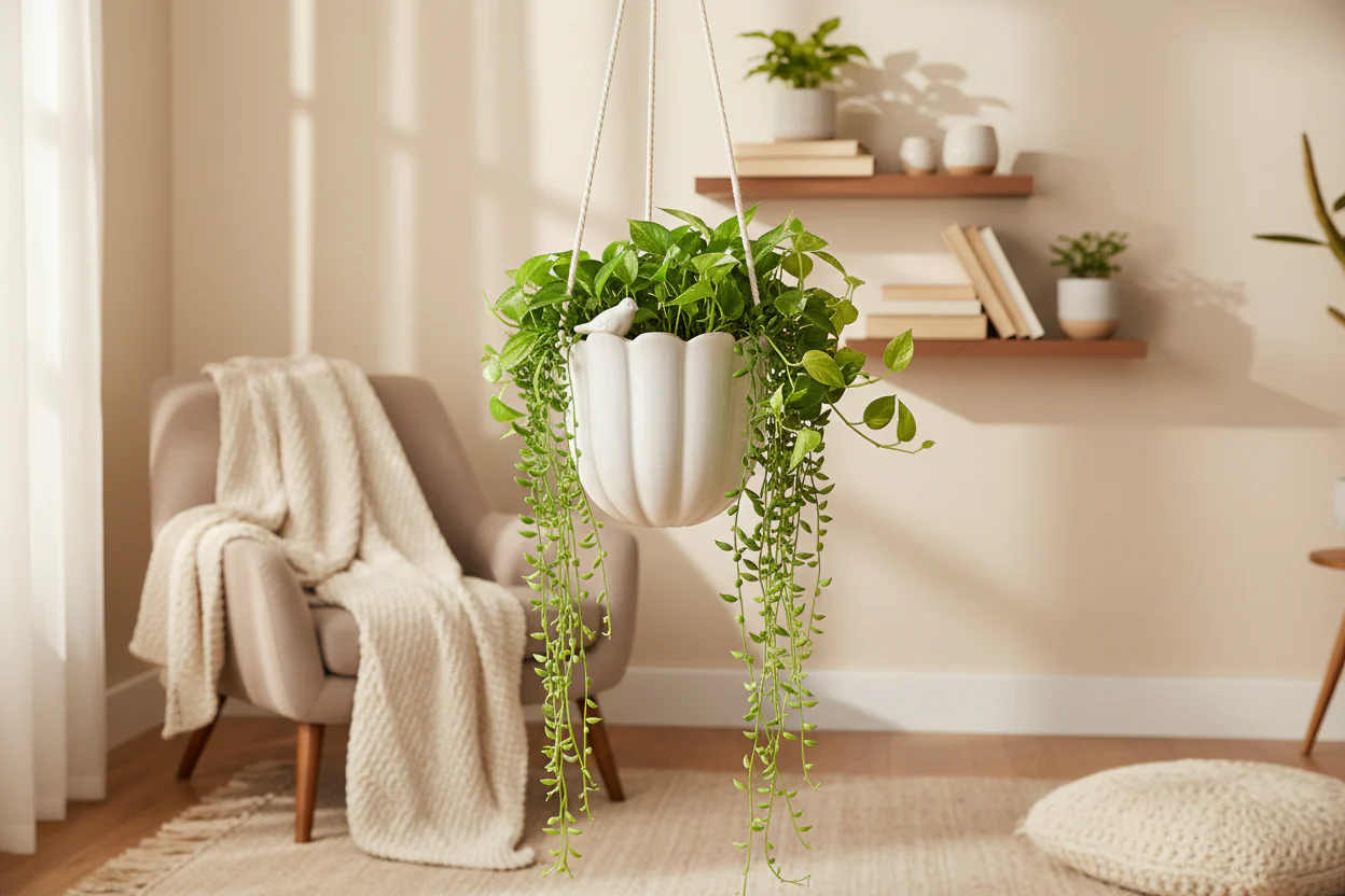 Wikholm Bonnie Ceramic Hanging Planter, Off White - Image 2