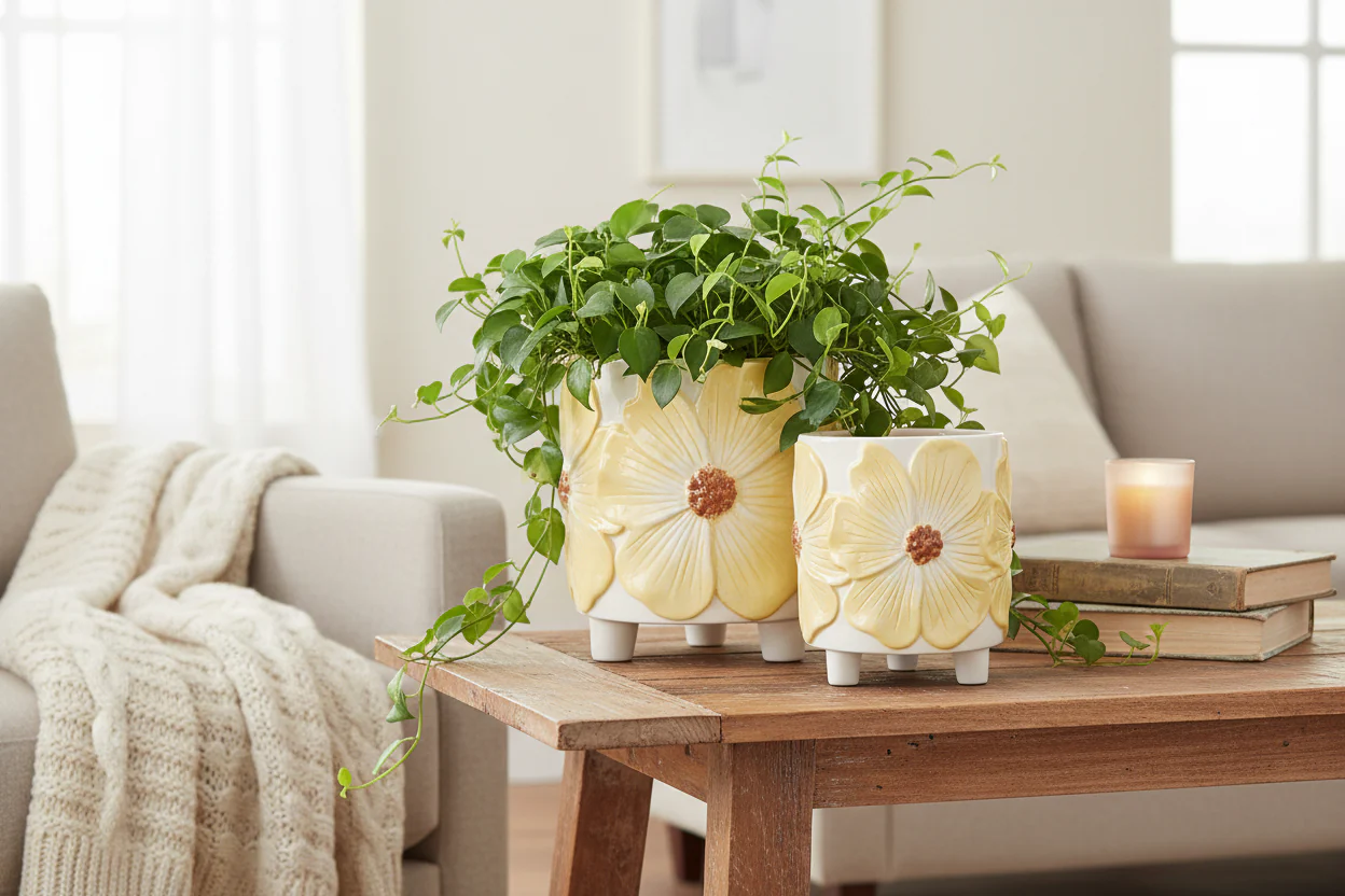Wikholm Esther Footed Ceramic Plant Pot, Yellow - Image 4