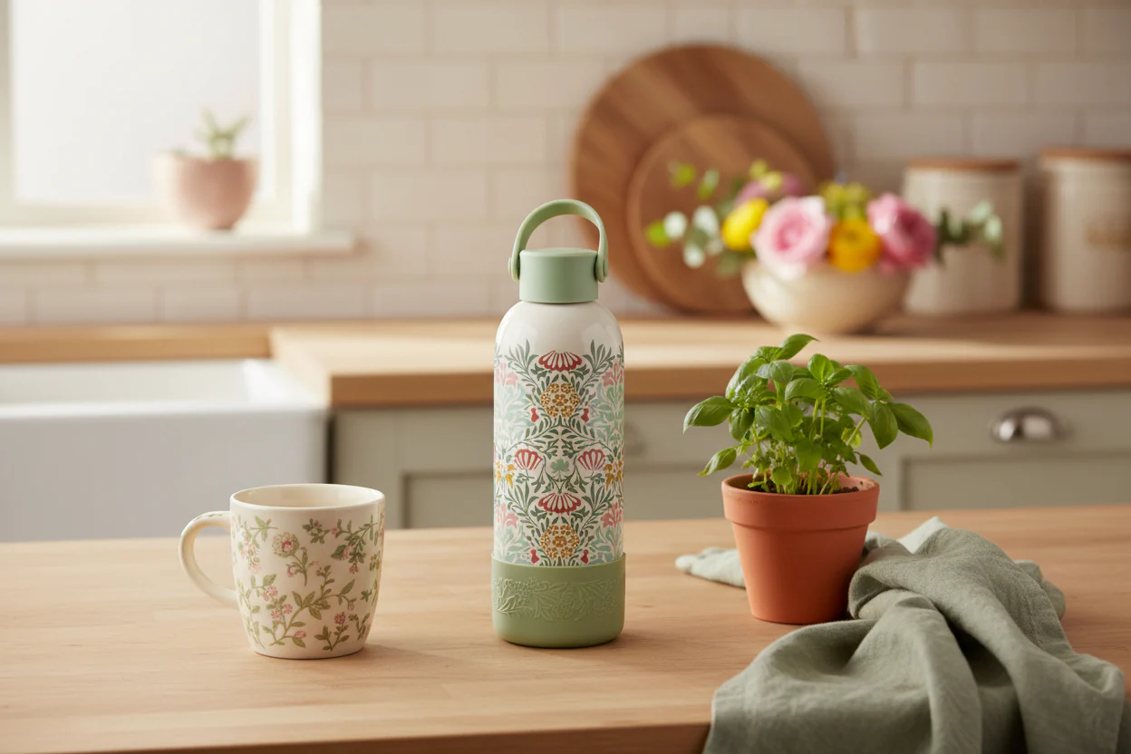 William Morris Kitchen Garden Stainless Steel Water Bottle, Cream - Image 5
